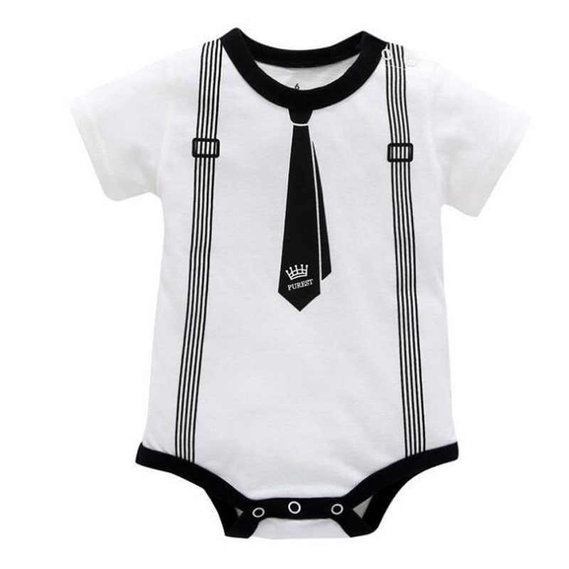 Gentleman Romper for Baby Boys, Newborn Summer Clothing, Cotton Jumpsuit with Tie Print, Short Sleeve Romper