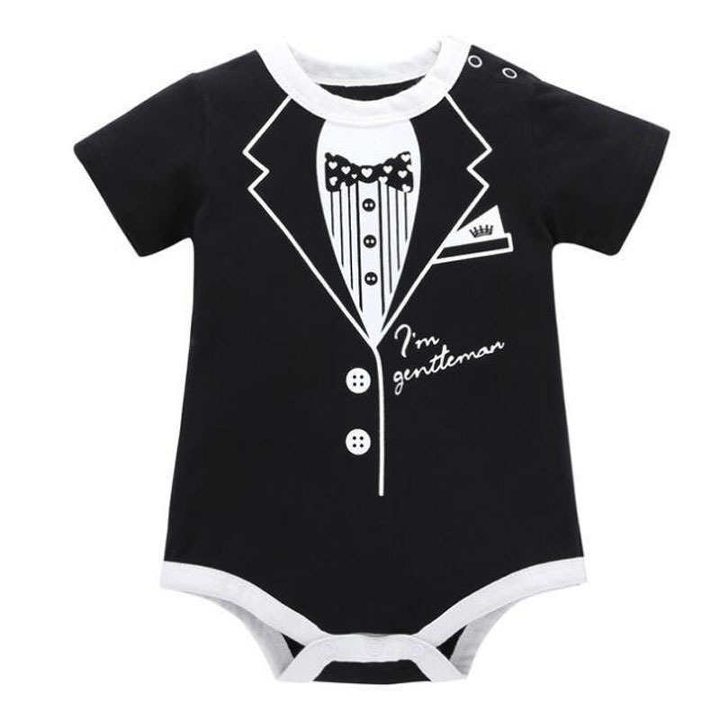 Gentleman Romper for Baby Boys, Newborn Summer Clothing, Cotton Jumpsuit with Tie Print, Short Sleeve Romper