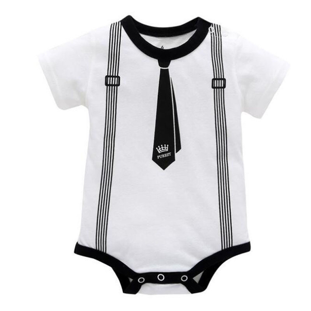 Gentleman Romper for Baby Boys, Newborn Summer Clothing, Cotton Jumpsuit with Tie Print, Short Sleeve Romper