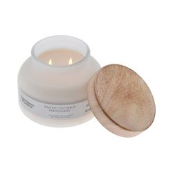 salted coconut mahogany scented candle, 2 wick frosted jar, herbal citrus vanilla notes, long burn time
