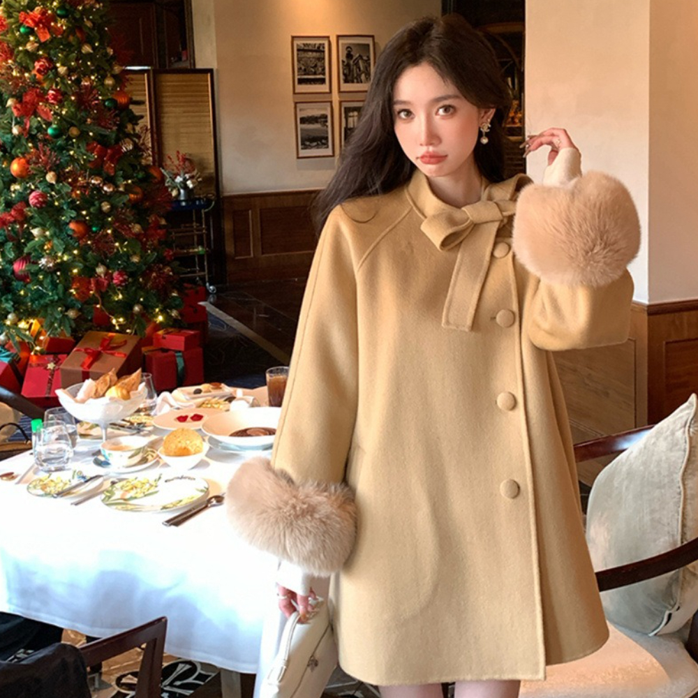Womens Winter Fashion Outerwear Double Faced Cashmere Coat With Real Fox Fur Autumn Winter Gentle W 2