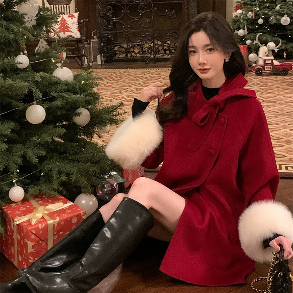 Womens Winter Fashion Outerwear Double Faced Cashmere Coat With Real Fox Fur Autumn Winter Gentle W 5