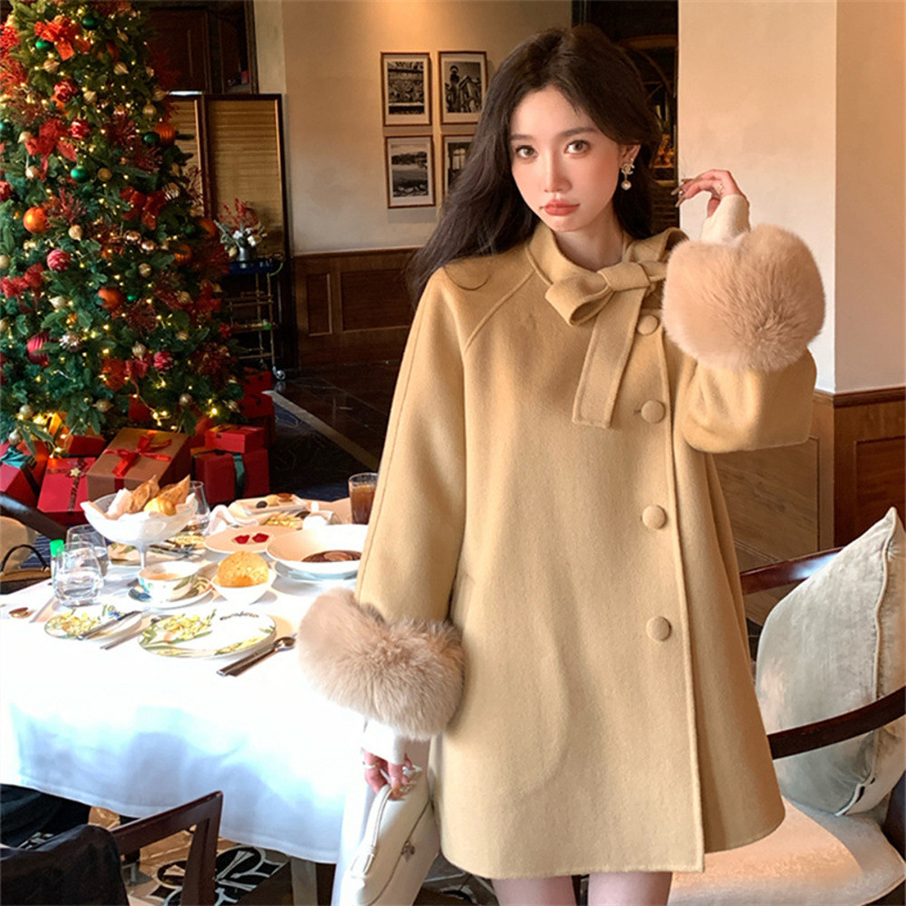 Womens Winter Fashion Outerwear Double Faced Cashmere Coat With Real Fox Fur Autumn Winter Gentle W 6
