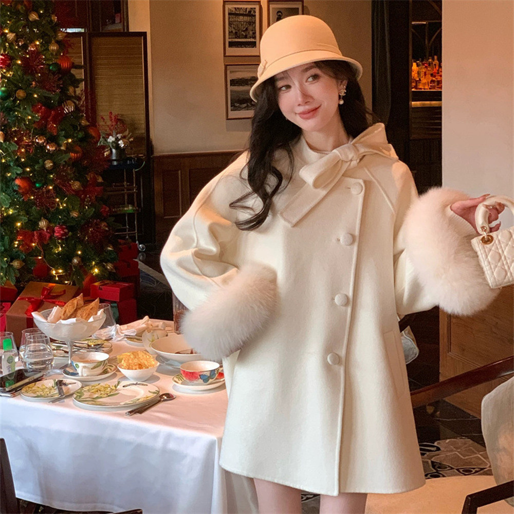 Womens Winter Fashion Outerwear Double Faced Cashmere Coat With Real Fox Fur Autumn Winter Gentle W 7