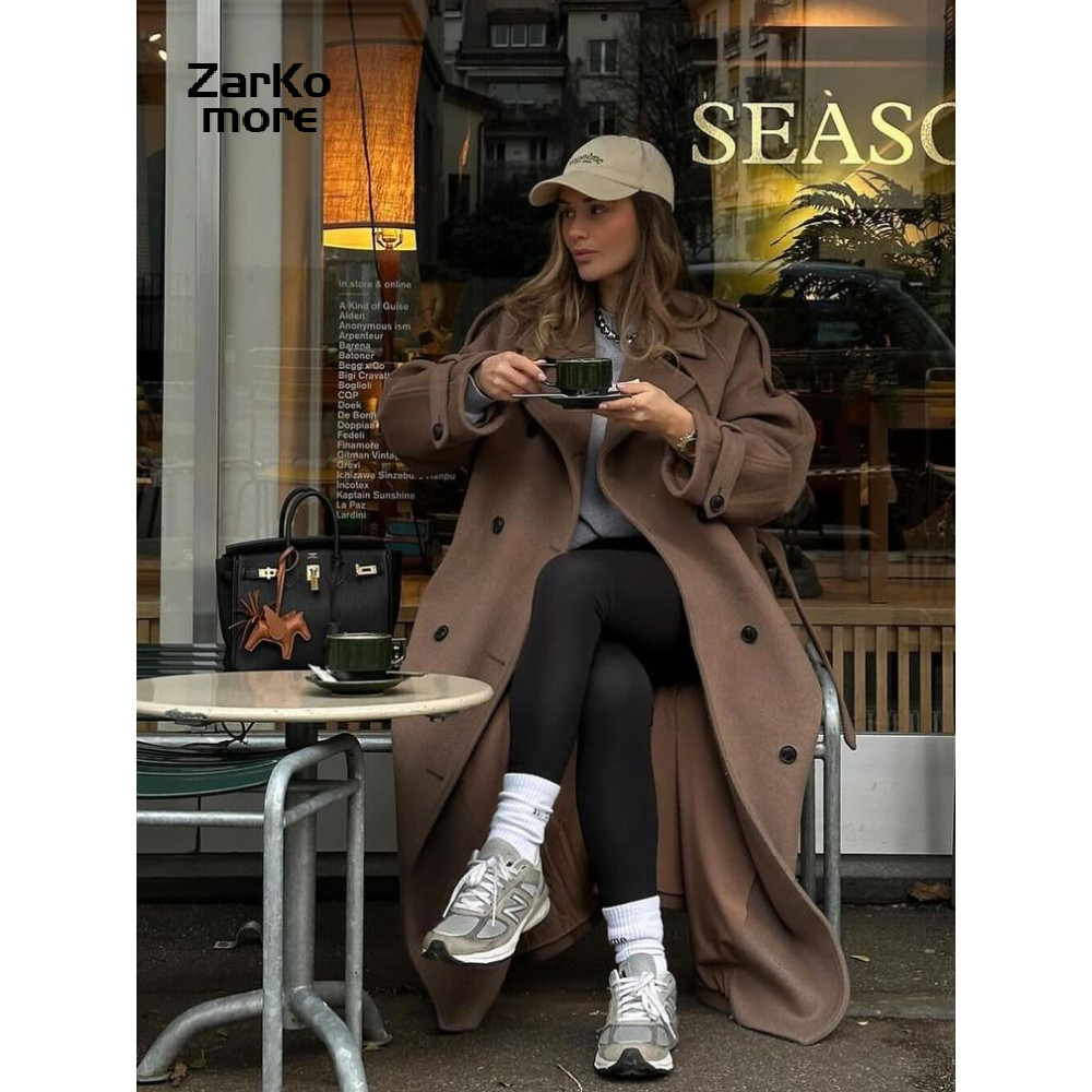 Elegant Grey Peacoat for Women, Long Double Breasted Wool Coat with Belt, Autumn Winter Street Style