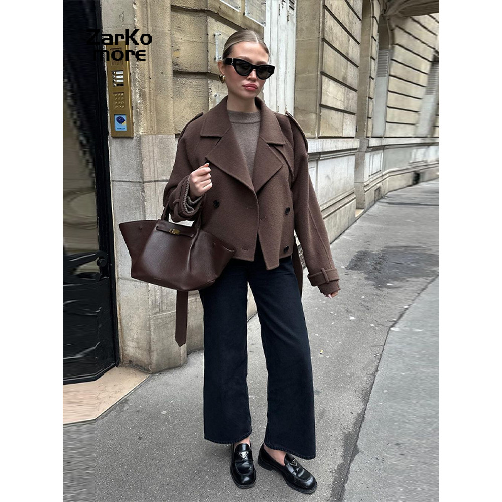 Elegant Grey Peacoat for Women, Long Double Breasted Wool Coat with Belt, Autumn Winter Street Style