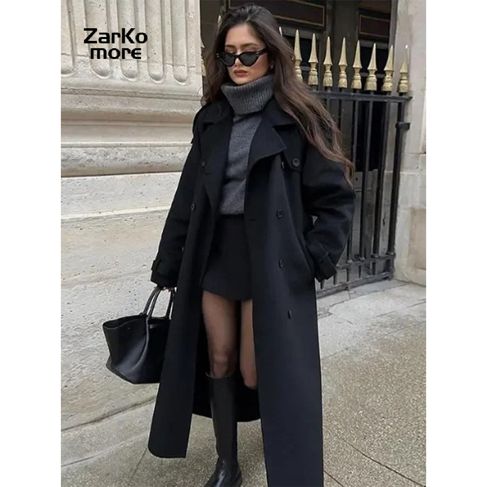 Elegant Grey Peacoat for Women, Long Double Breasted Wool Coat with Belt, Autumn Winter Street Style