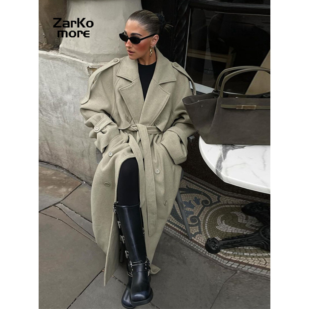 Elegant Grey Peacoat for Women, Long Double Breasted Wool Coat with Belt, Autumn Winter Street Style
