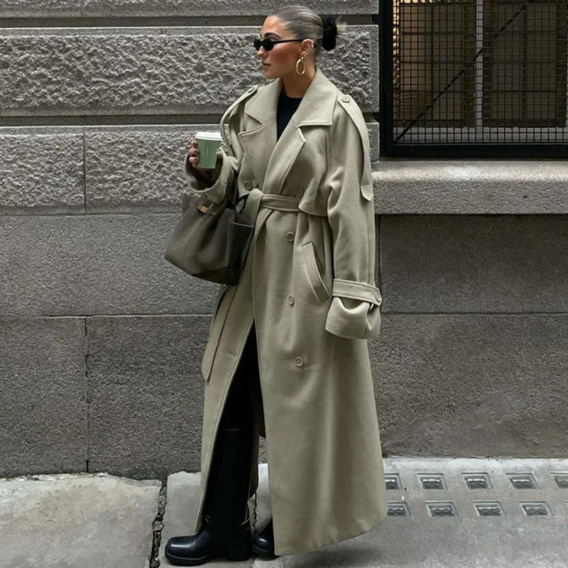 Elegant Grey Peacoat for Women, Long Double Breasted Wool Coat with Belt, Autumn Winter Street Style