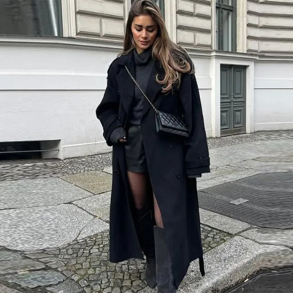 Elegant Grey Peacoat for Women, Long Double Breasted Wool Coat with Belt, Autumn Winter Street Style