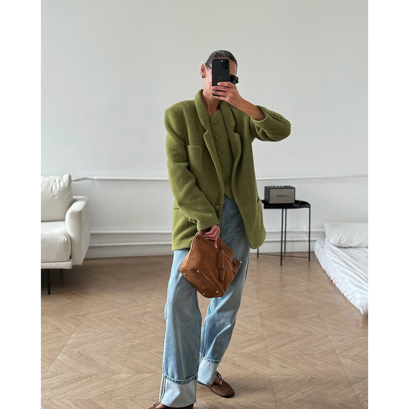 Women's Green Woolen Coat, Single Button Jacket with Chic Collar, Casual Autumn Outerwear for Daily Highstreet Fashion