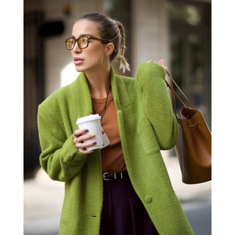 Women's Green Woolen Coat, Single Button Jacket with Chic Collar, Casual Autumn Outerwear for Daily Highstreet Fashion