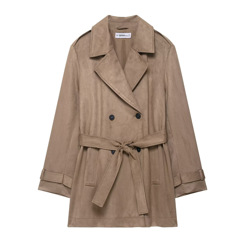 Womens Trench Coat Autumn Fall Jacket With Lapel And Pockets Suede Effect Windbreaker 4