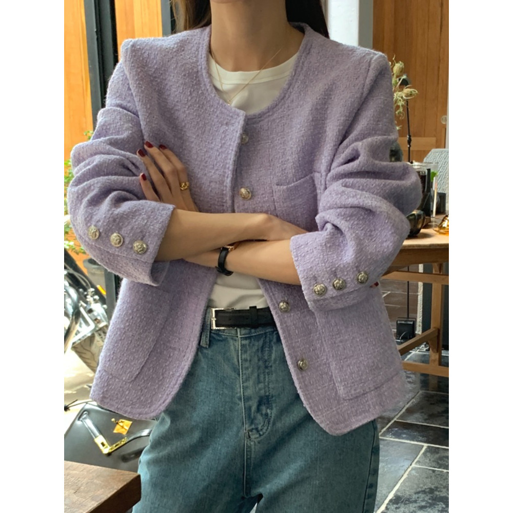 Women's Tweed Coat, Autumn Winter Elegant Short Outerwear with Single Button and Round Neck