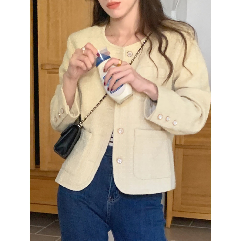 Women's Tweed Coat, Autumn Winter Elegant Short Outerwear with Single Button and Round Neck