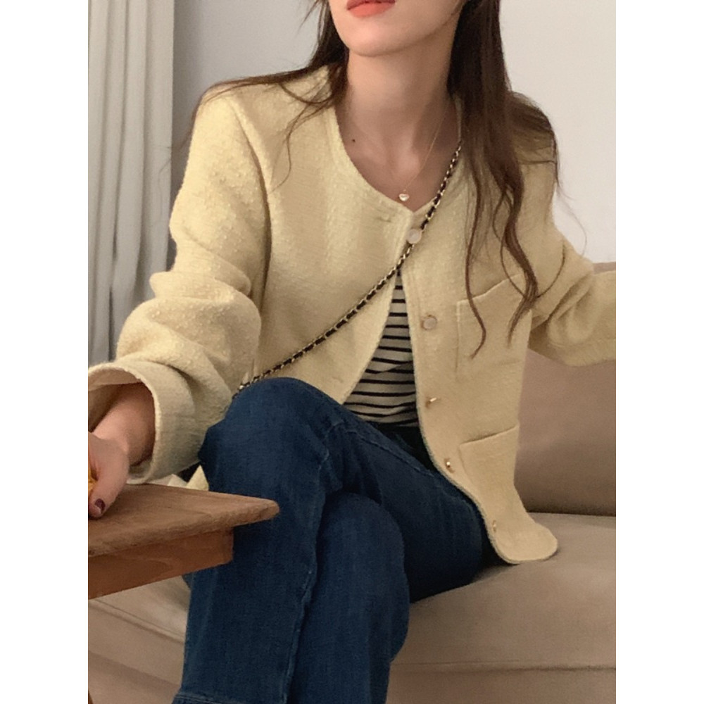 Women's Tweed Coat, Autumn Winter Elegant Short Outerwear with Single Button and Round Neck