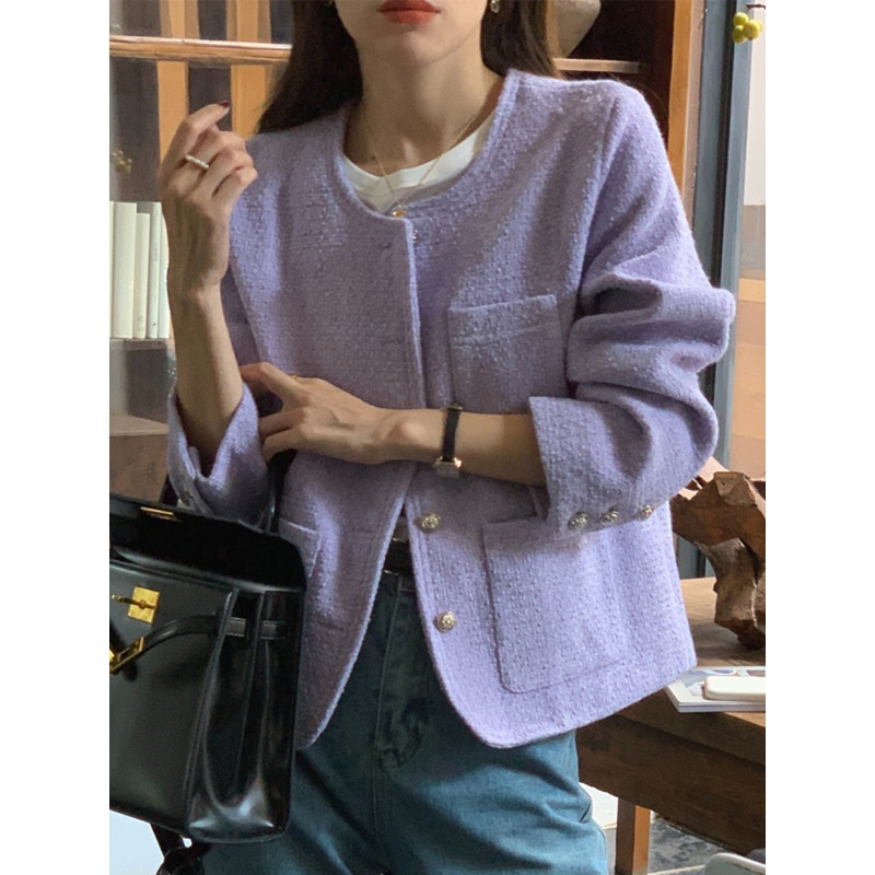 Women's Tweed Coat, Autumn Winter Elegant Short Outerwear with Single Button and Round Neck