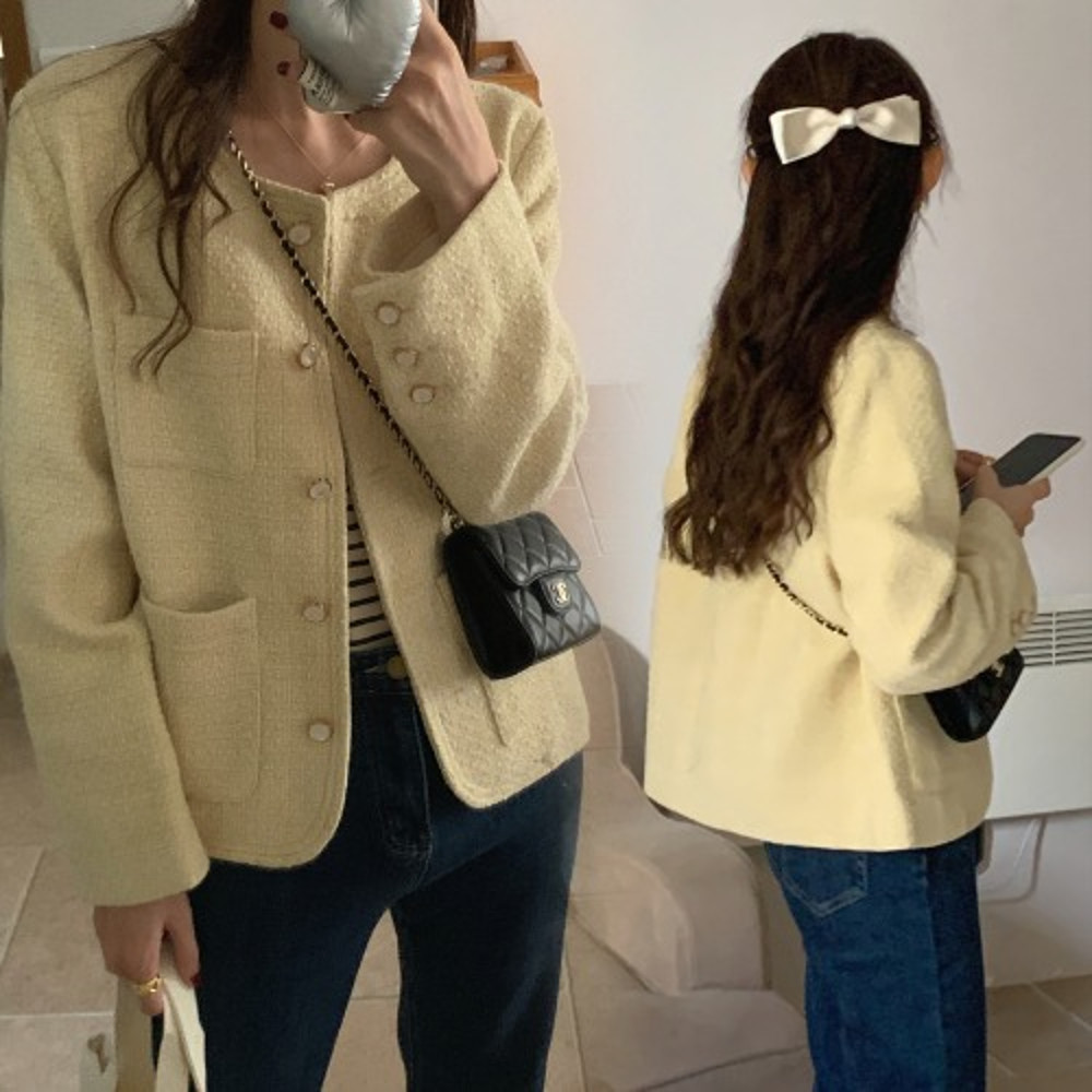 Women's Tweed Coat, Autumn Winter Elegant Short Outerwear with Single Button and Round Neck