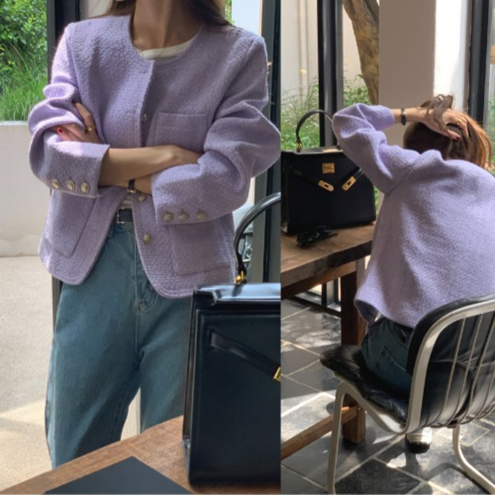 Women's Tweed Coat, Autumn Winter Elegant Short Outerwear with Single Button and Round Neck