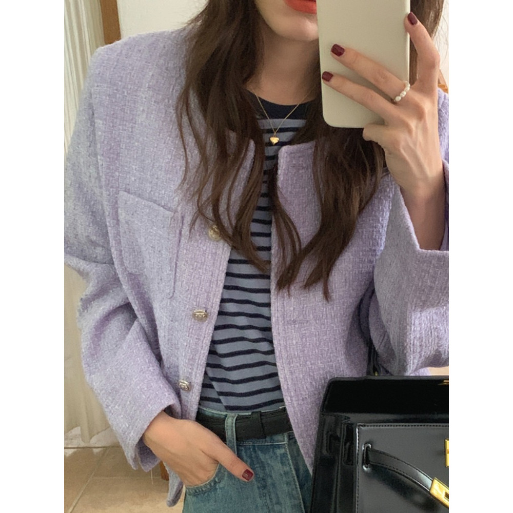 Women's Tweed Coat, Autumn Winter Elegant Short Outerwear with Single Button and Round Neck