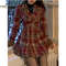 Women's Double Breasted Plaid Coat, V Neck Woolen Jacket, Loose Fit Tops for Autumn and Winter