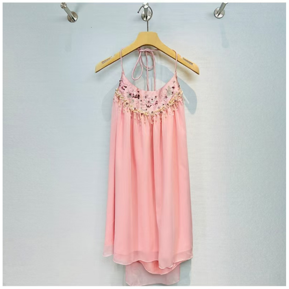 Suspender Dress, Sexy Backless Pink Dress with Embroidered Beads for Travel, Spring Summer