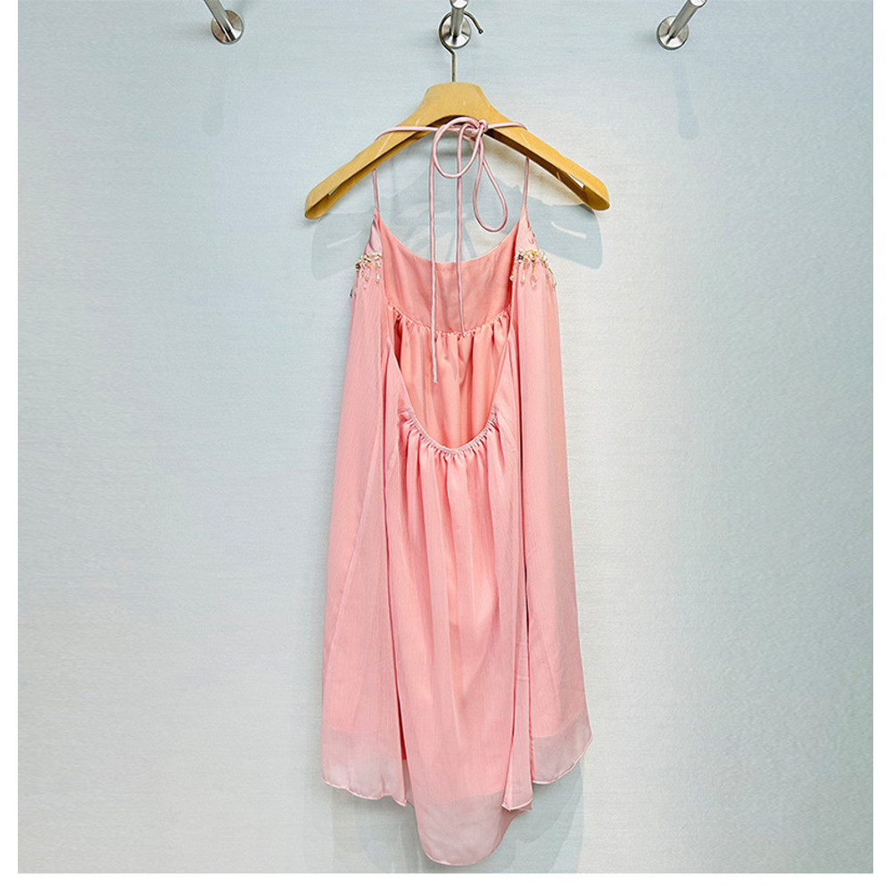 Suspender Dress, Sexy Backless Pink Dress with Embroidered Beads for Travel, Spring Summer