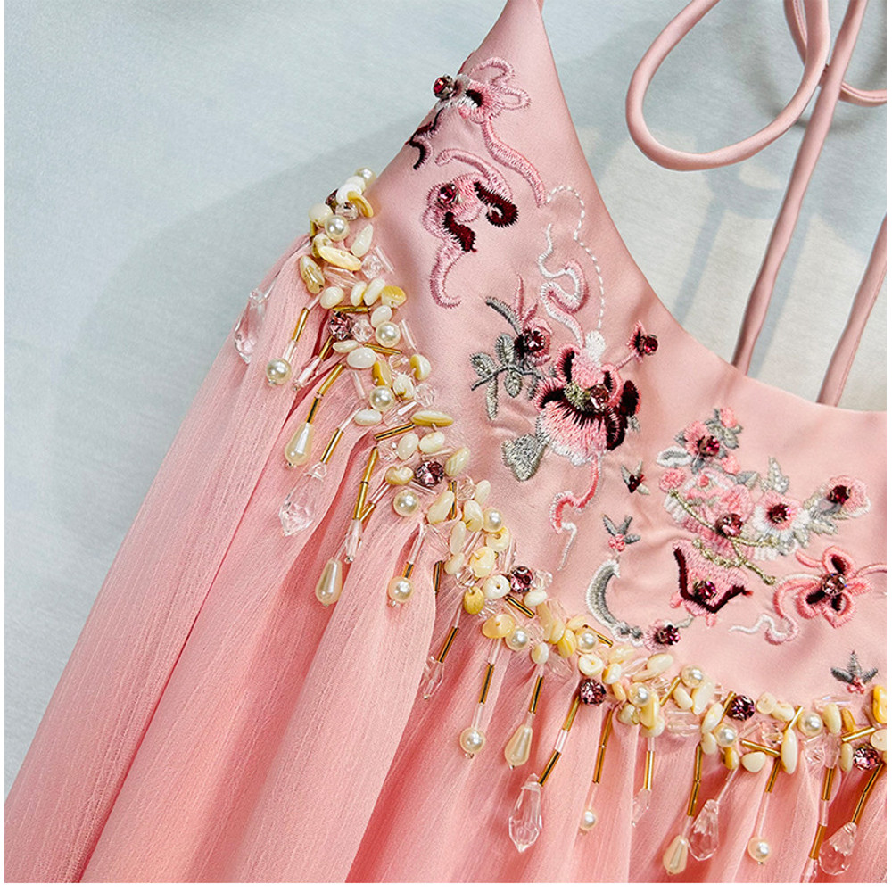 Suspender Dress, Sexy Backless Pink Dress with Embroidered Beads for Travel, Spring Summer