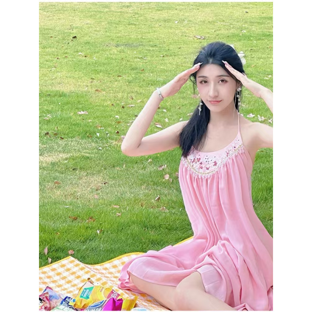 Suspender Dress, Sexy Backless Pink Dress with Embroidered Beads for Travel, Spring Summer