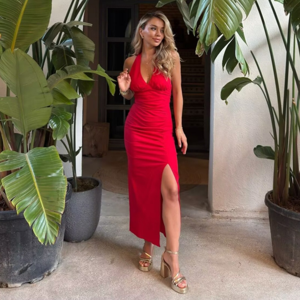 Elegant Captivating Dress For Women Sexy Tight V Neck Backless Ankle Length With Slit Summer Party 2