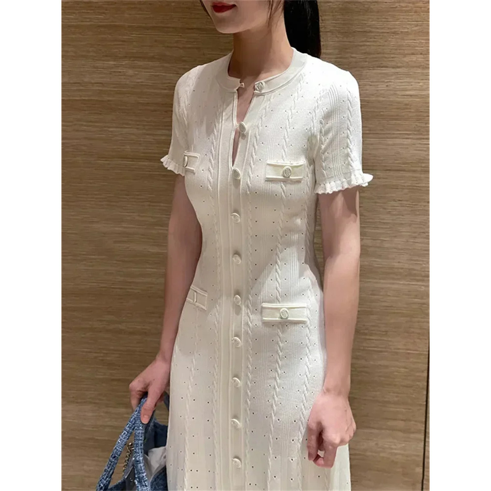 Elegant Lady Summer Dress, Women O Neck Long Robe, White Knit Thread, Ruffled Sleeve, Slim Mid Length, Single Breasted