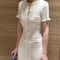 Elegant Lady Summer Dress, Women O Neck Long Robe, White Knit Thread, Ruffled Sleeve, Slim Mid Length, Single Breasted