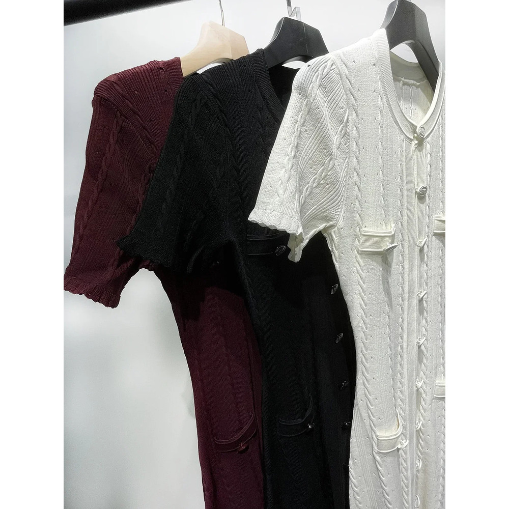 Elegant Lady Summer Dress, Women O Neck Long Robe, White Knit Thread, Ruffled Sleeve, Slim Mid Length, Single Breasted