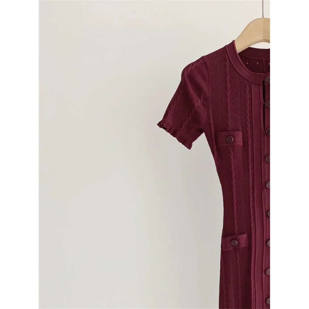 Elegant Lady Summer Dress, Women O Neck Long Robe, White Knit Thread, Ruffled Sleeve, Slim Mid Length, Single Breasted