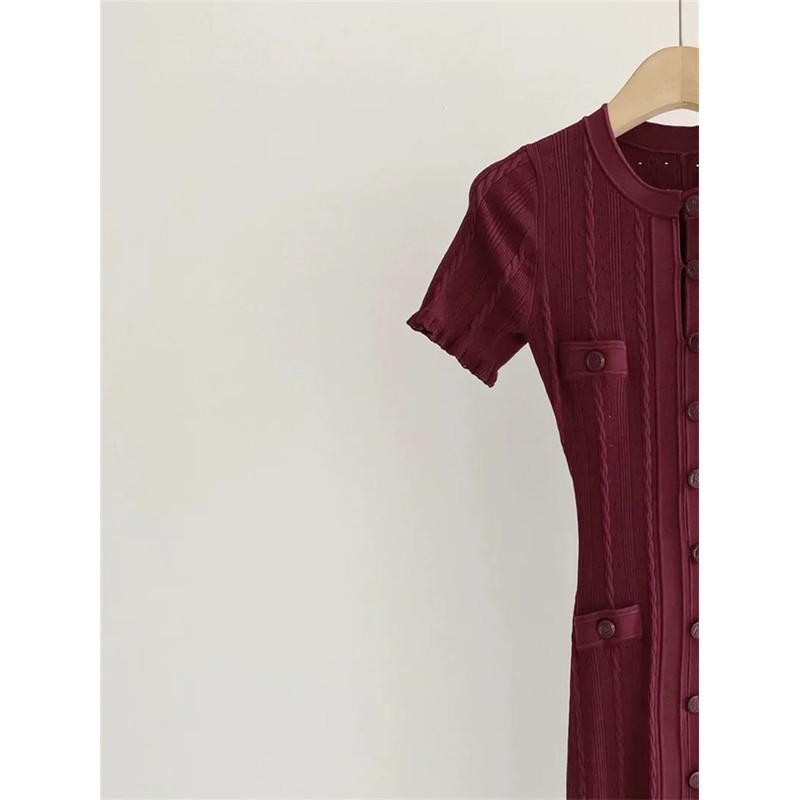 Elegant Lady Summer Dress, Women O Neck Long Robe, White Knit Thread, Ruffled Sleeve, Slim Mid Length, Single Breasted