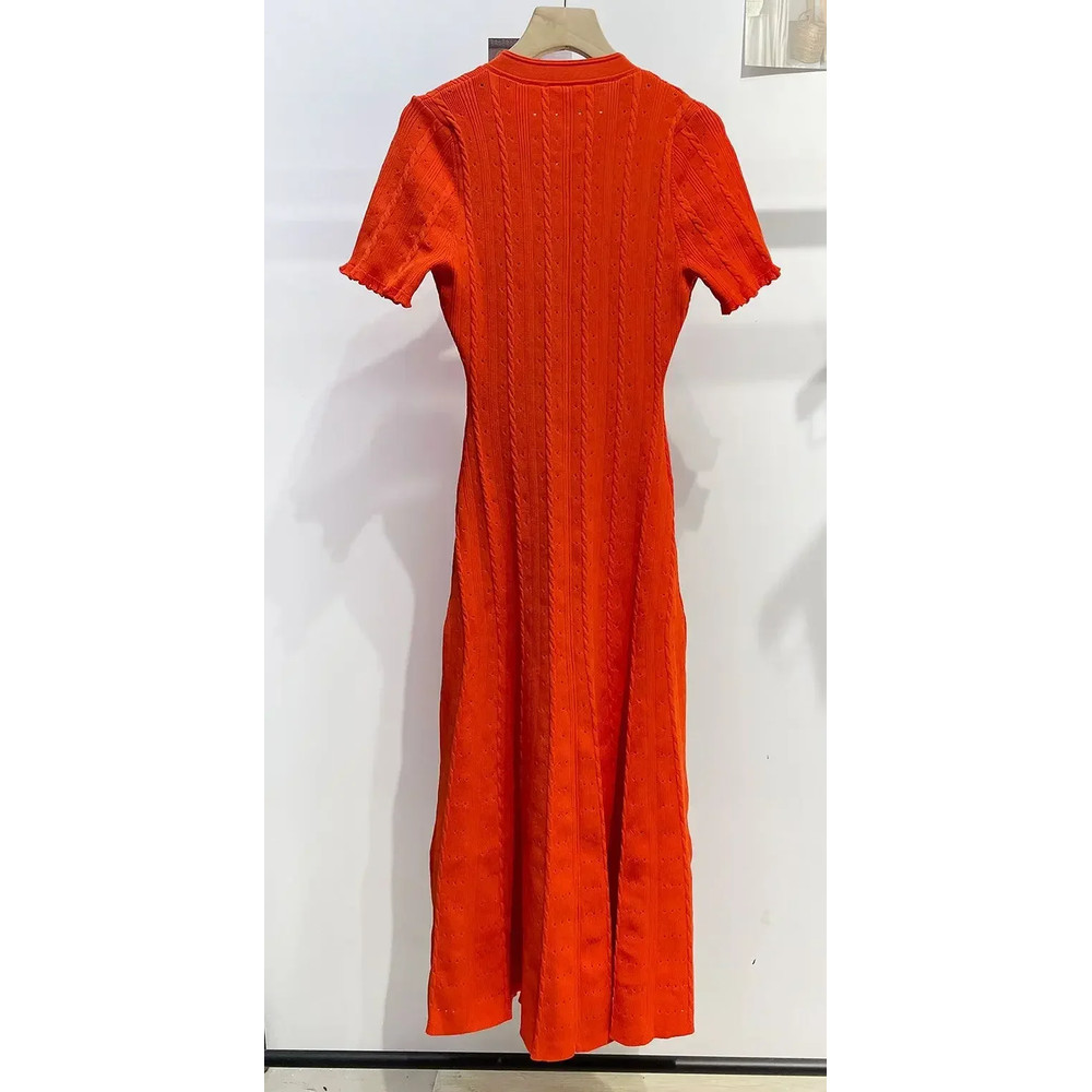 Elegant Lady Summer Dress, Women O Neck Long Robe, White Knit Thread, Ruffled Sleeve, Slim Mid Length, Single Breasted