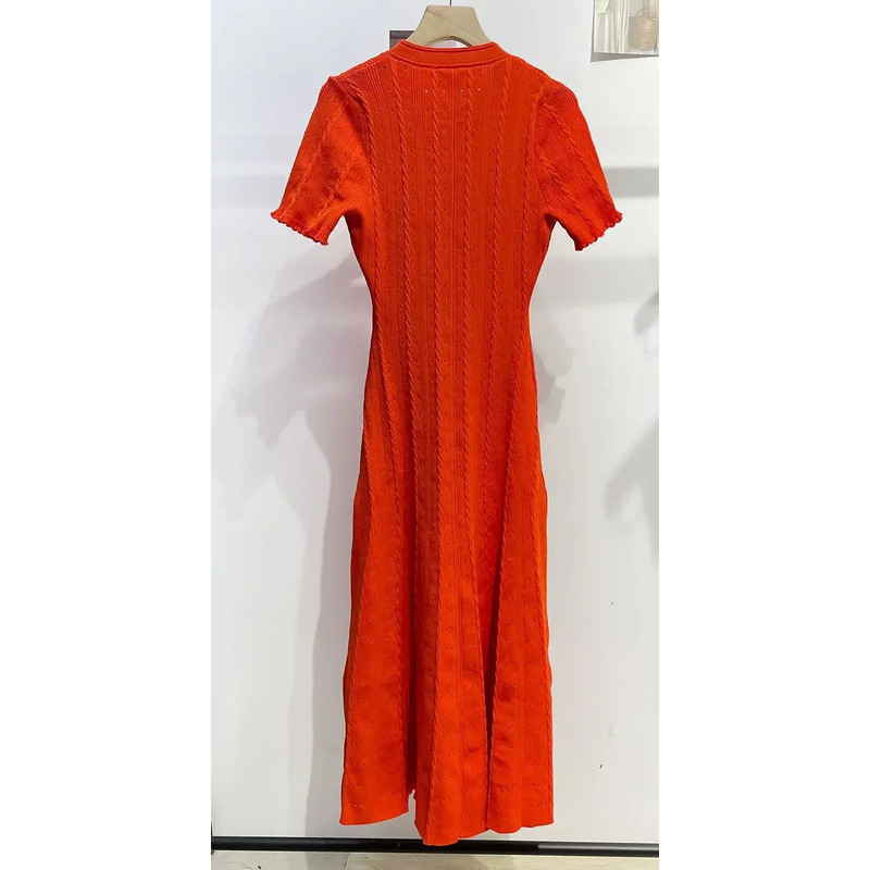 Elegant Lady Summer Dress, Women O Neck Long Robe, White Knit Thread, Ruffled Sleeve, Slim Mid Length, Single Breasted