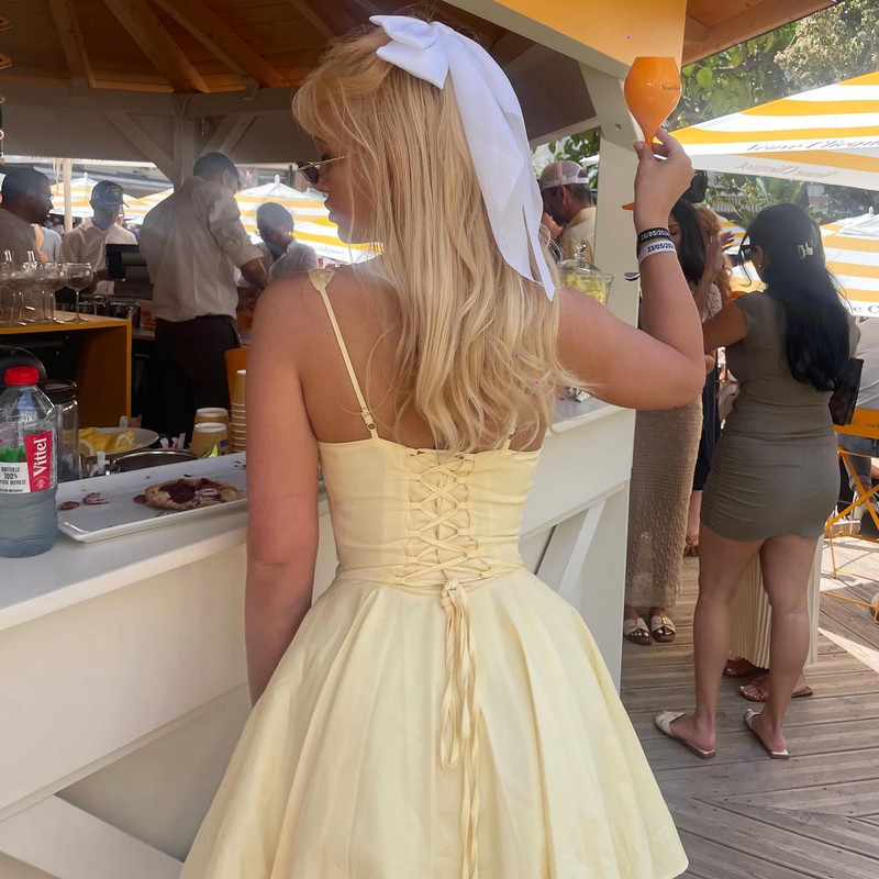 Elegant Holiday Dress, Sexy Yellow A Line Dress with Lace Up, Hollow Out Summer Party Dress for Women