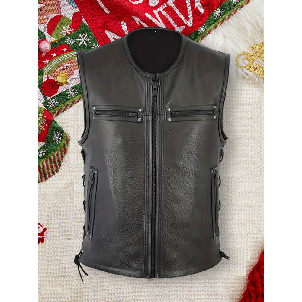 Genuine Leather Biker Vest for Men, Stylish Sleeveless Jacket, with Zipper Closure and Multiple Pockets