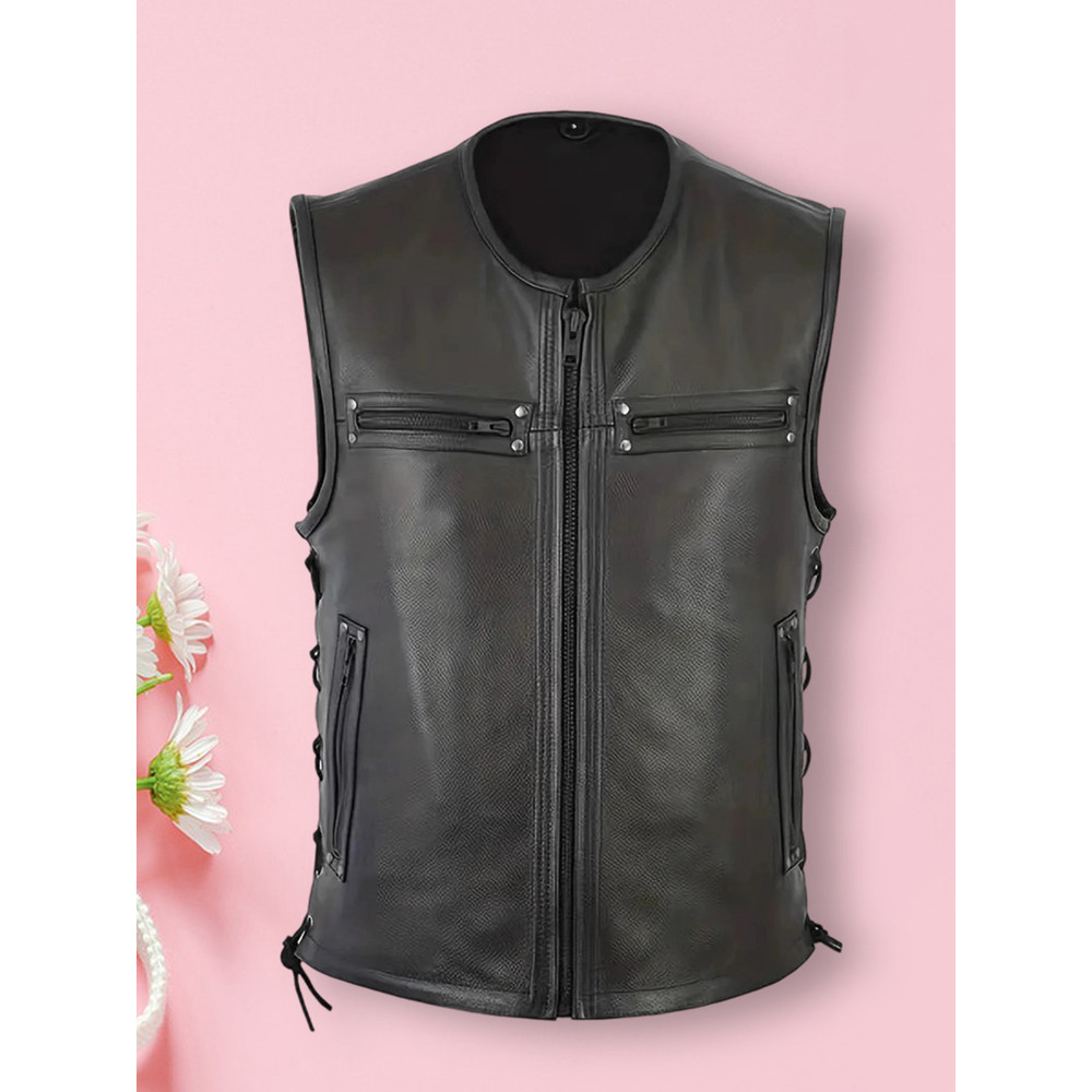 Genuine Leather Biker Vest for Men, Stylish Sleeveless Jacket, with Zipper Closure and Multiple Pockets
