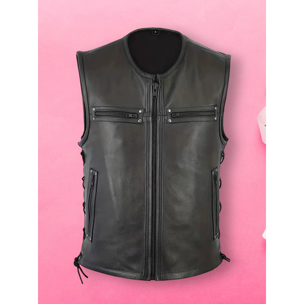 Genuine Leather Biker Vest for Men, Stylish Sleeveless Jacket, with Zipper Closure and Multiple Pockets