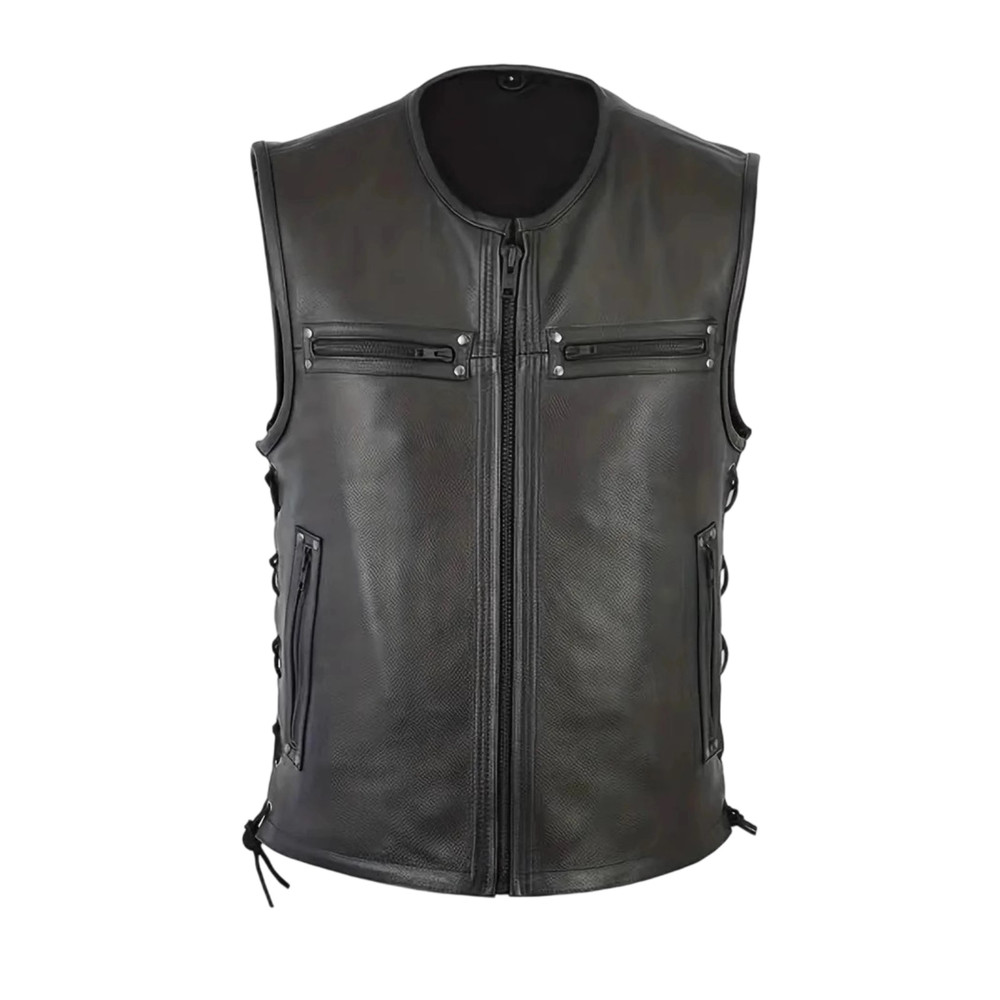 Genuine Leather Biker Vest for Men, Stylish Sleeveless Jacket, with Zipper Closure and Multiple Pockets