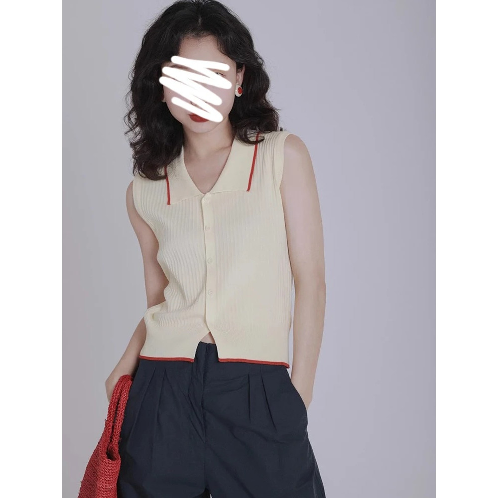 Retro Hong Kong Style Knitted Vest, Womens Summer Slimming Top, French Collar Design, Short Sleeveless Open Cardigan