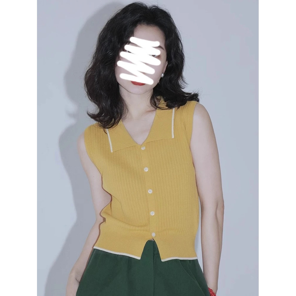 Retro Hong Kong Style Knitted Vest, Womens Summer Slimming Top, French Collar Design, Short Sleeveless Open Cardigan