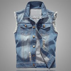 mens denim vest, sleeveless jeans jacket for men, blue and black cowboy waistcoat, spring style