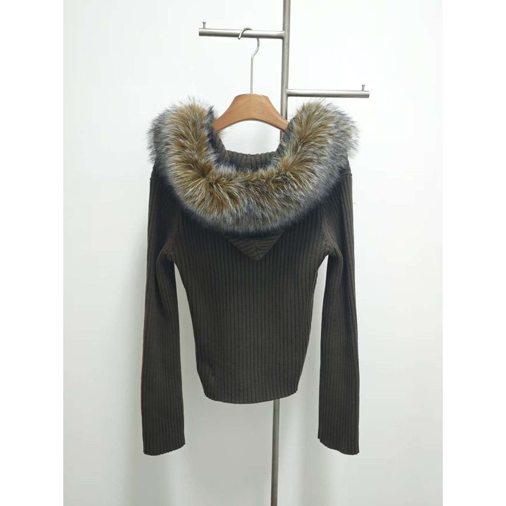 Women's Oversized Knit Jacket, Hooded Fur Collar, Military Green, Versatile Winter Sweater, 2025 New Style