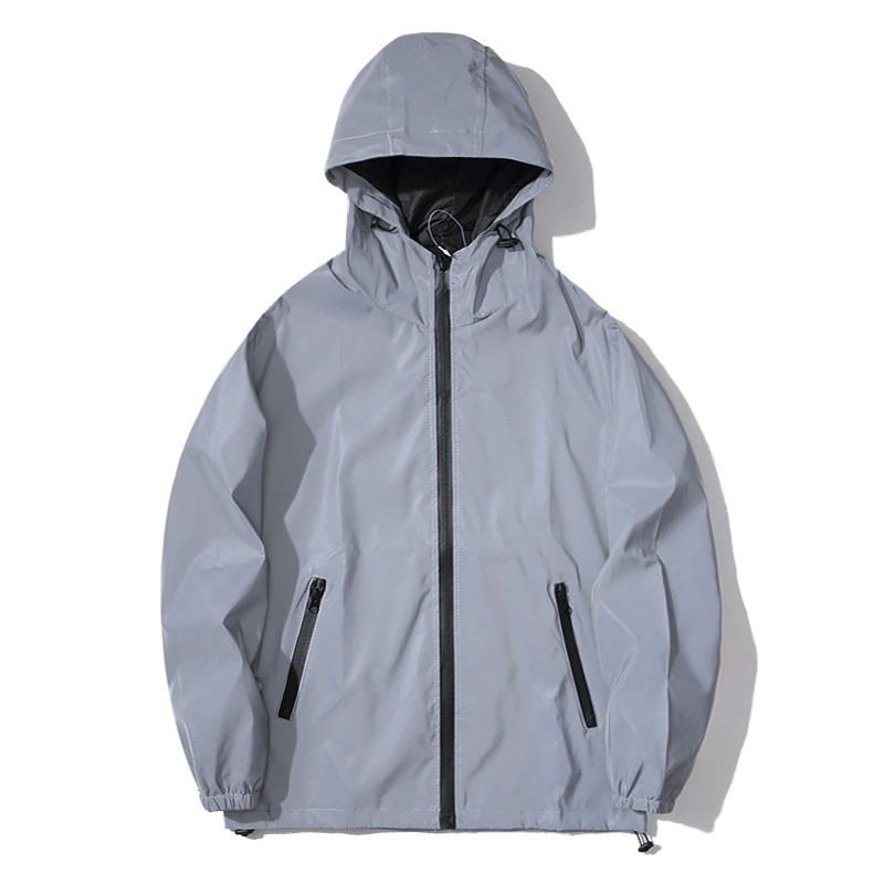 Mens Night Reflective Jacket Windbreaker Hooded Jacket Waterproof Zipper Coat Double Fabric Hip Hop 0