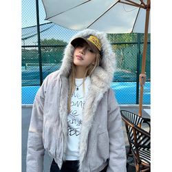 womens streetwear jacket, american retro velvet coat, thickened winter wear with fur collar, loose fit hooded jacket