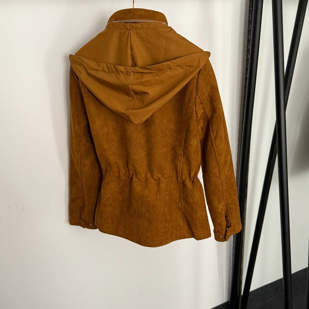 Women's Autumn Winter Short Jacket, Hooded Deerskin Velvet, Four Pocket, Drawstring Waist, Long Sleeve Zipper Jacket