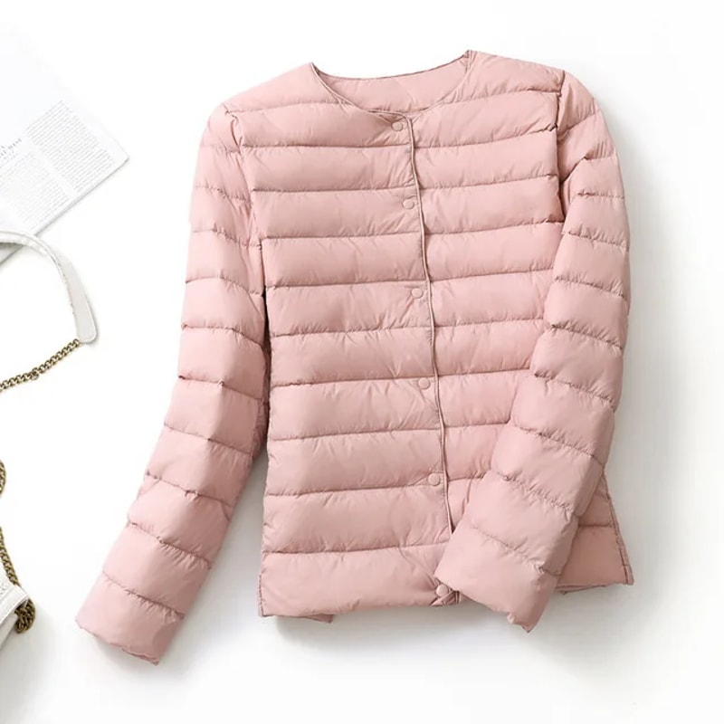 Ultralight Women's Puffer Jacket, Collarless Down Parka, Portable Warm Liner for Spring Winter